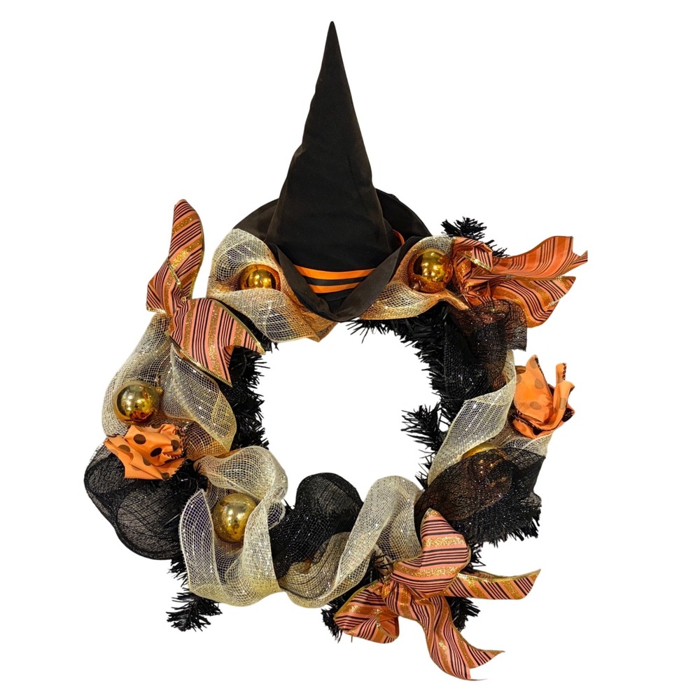 Halloween Witch Hat Wreath Black Tinsel Orange Gold Mesh Ribbon Decor 17in